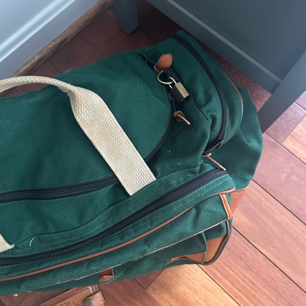 Vintage L.L. Bean Forest Green and Tan Duffel Bag with Luggage Tag - Picture 3 of 7